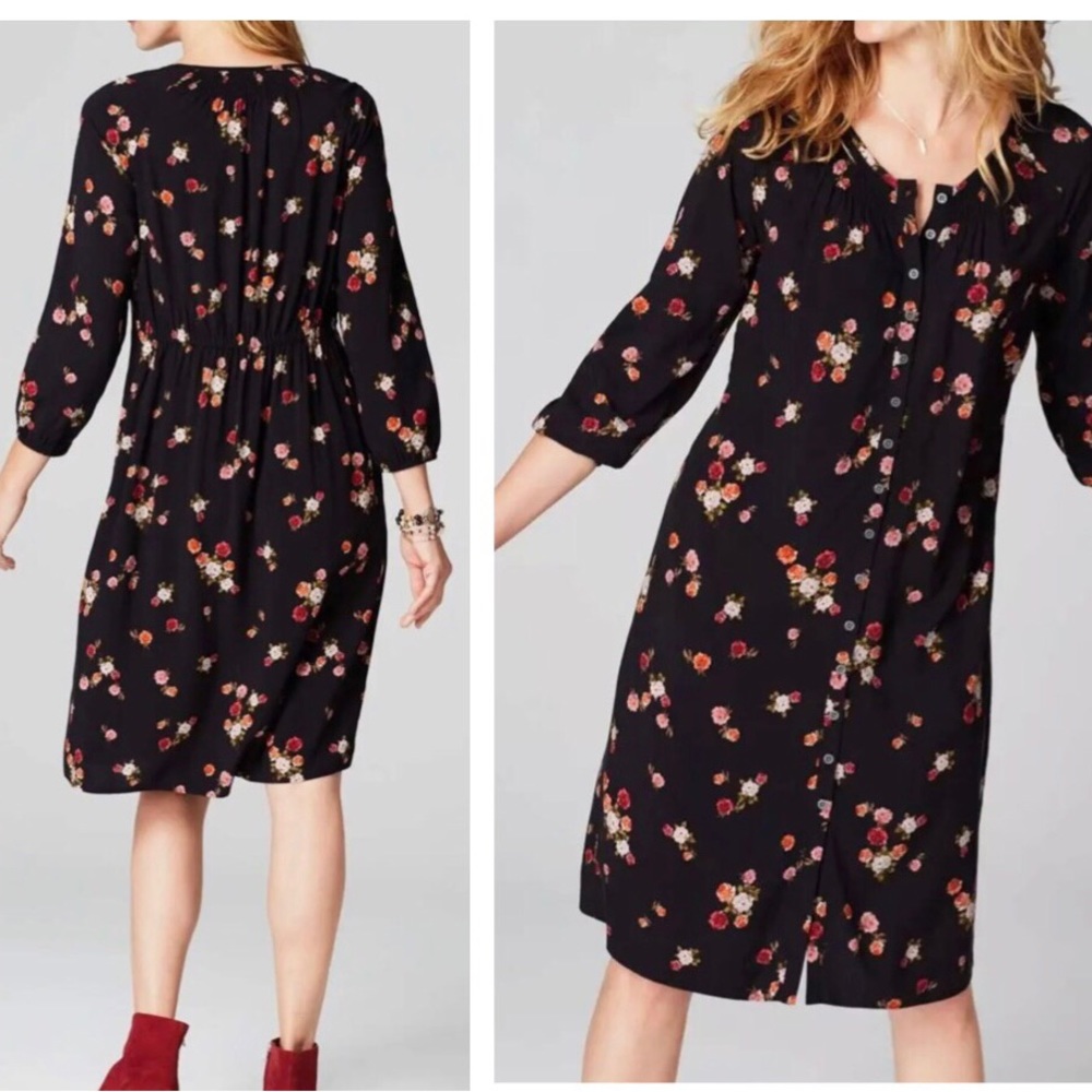 J Jill Ditsy Floral Smocked Back Button Down 3/4 Sleeves Rayon Black Dress S